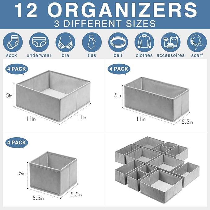 Closet Organizers and Storage Bins Set for Clothes, Toys, Beddings - 18 Pack Drawer Organizers for Clothing+ 8 Pack 11 inch C