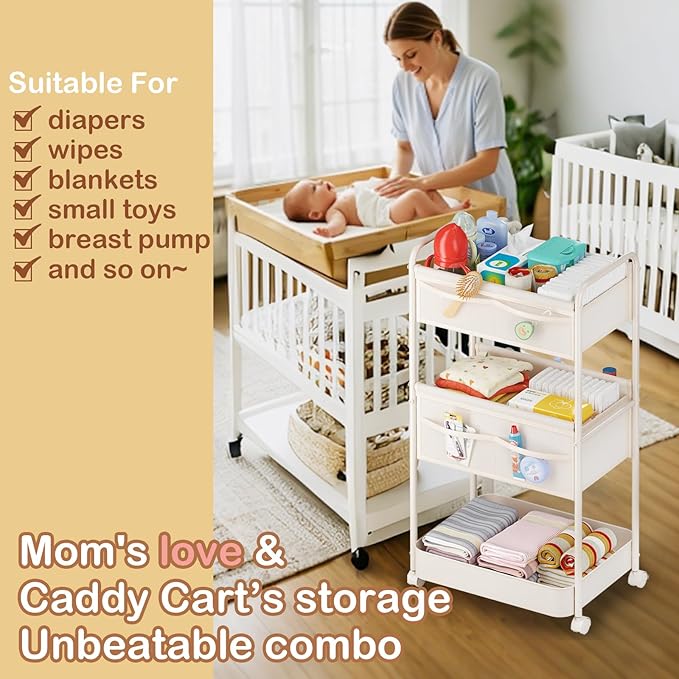 Baby Diaper Caddy, Premium Metal& Felt Movable Cart with Dividers for Newborn Nursery Essentials, Large Capacity Rolling Diap