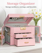 TORIBIO Jewelry Box for Women, Leather Jewelry Organizer with Mirror & Lock, 3-Tier Jewelry Storage Organizer with 2 Drawers 