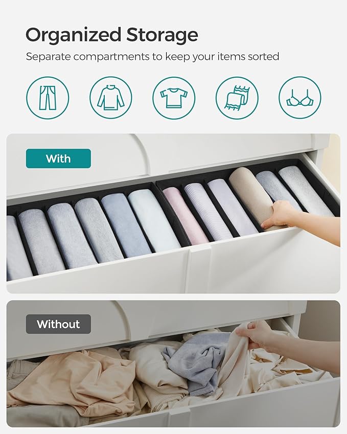 SONGMICS Set of 4 Large Size Wardrobe Clothes Organizers, 6-Compartment Foldable Drawer Organizers with Handles, 16.5 x 11.8 