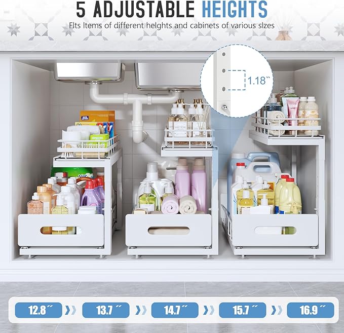 Under Sink Organizer Upgrade To Professional Rails,2-Tier Dual Pull Out Cabinet Storage,Height Adjustable Slide Out Drawers F