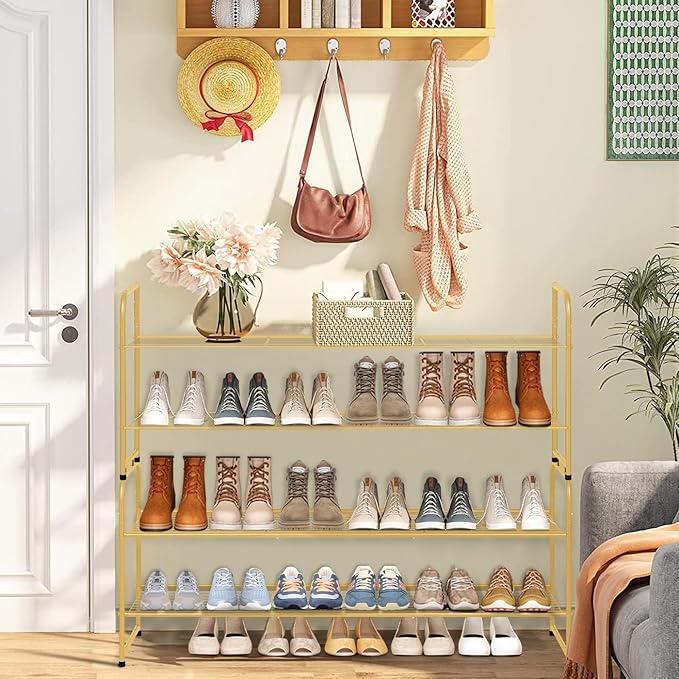 AOODA Long 2 Tier Shoe Rack for Closet Metal Wide Stackable Shoe Storage Organizer for Entryway, Bedroom, Floor, 18-Pairs Low