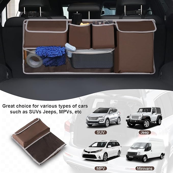 UYYE Trunk Hanging Organizer, Backseat Storage Bag, Collapsible Car Interior Accessories with 4 Pockets & 2 Mesh Pouches for