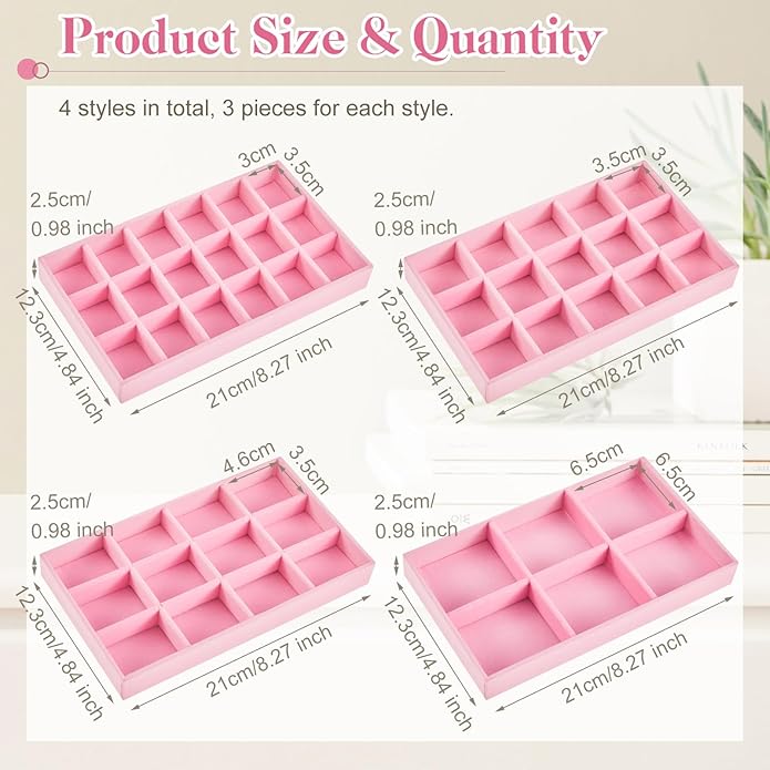 Junkin 12 Pcs Jewelry Tray Velvet Stackable Jewelry Organizer Trays Divided Earring Accessories Storage Containers Box (Rose 