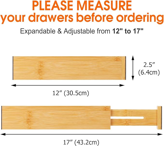 Bamboo Drawer Dividers Organizers, Kitchen Drawer Organizer, Adjustable Drawer Divider for Clothes, Kitchen, Dresser, Bedroom