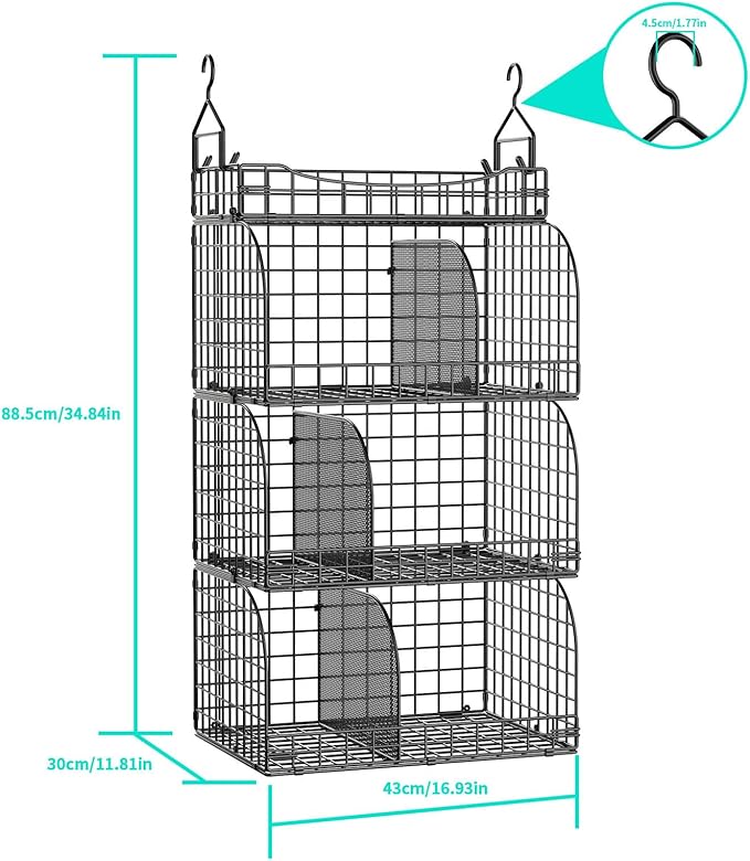 HapiRm Hanging Closet Organizer Storage - 4 Tier Metal Stackable Hanging Closet Shelves with Dividers and S Hooks, Foldable C