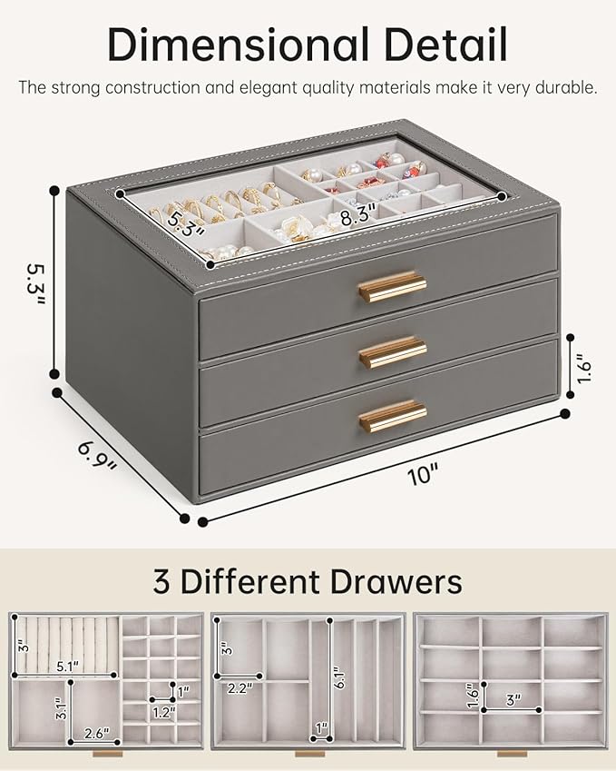 AKOZLIN Jewelry Box with Clear Lid Functional Leather Jewelry Storage Organizer Case 3 Drawers for Women Girls Necklace Ring 
