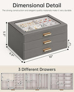 AKOZLIN Jewelry Box with Clear Lid Functional Leather Jewelry Storage Organizer Case 3 Drawers for Women Girls Necklace Ring 