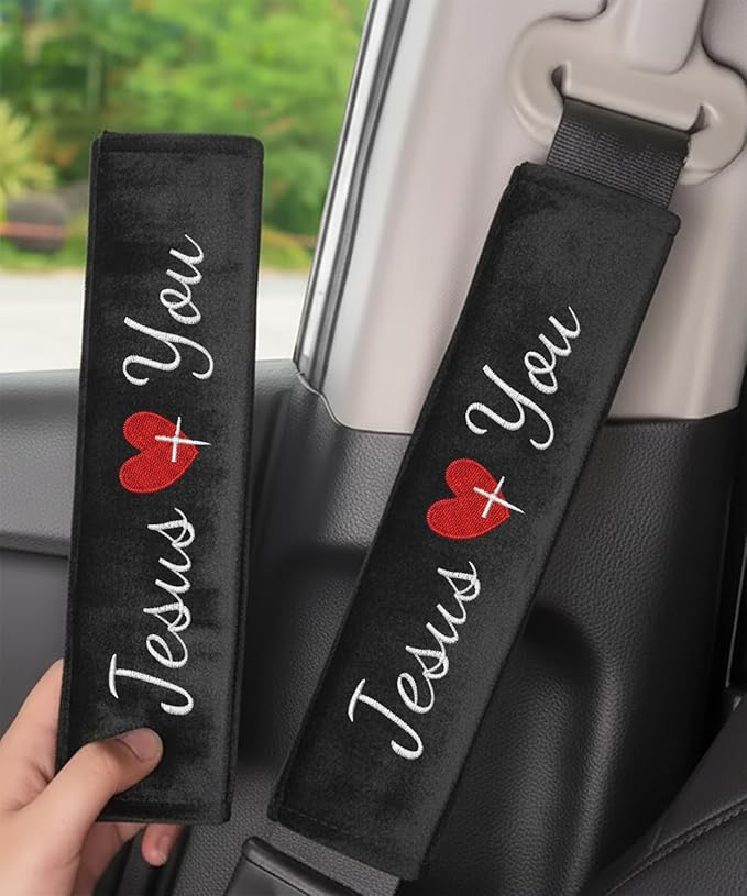 2 Pack Car Seat Strap Pads with 3 PCS Jesus Loves You Car Stickers, Universal Seatbelt Covers, Christian Car Decals for Women and Men