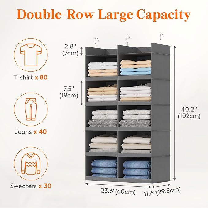 Lifewit Dual-Row Shelf Hanging Closet Organizer and Storage, Clothes Shelves with 3 Sturdy Hooks for Clothing Organization, F