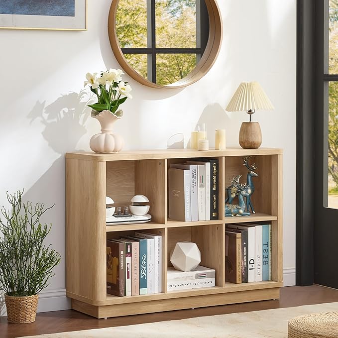 Joaxswe 6 Cube Storage Book Shelf, 40" Wide Low Horizontal Bookcase with Curved Edge, Floor Standing 2-Tier Wooden Bookshelf 