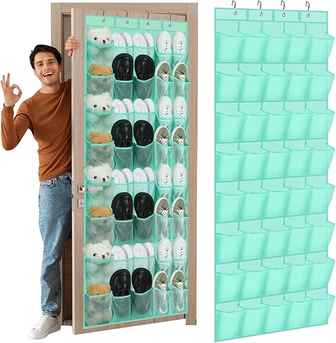 Windyun 40 over the Door Shoe Organizer Large Mesh Pocket Hanging Shoe Rack for Closet Turquoise Nonslip Behind Door Storage 