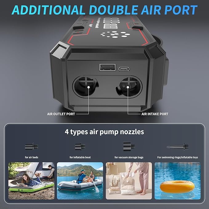 Jump Starter with air Compressor, 5000A Emergency Starter Jump Box (Gas 9L/Diesel 8L), Jumper Cable Jump Starter Portable with air Compressor 160PSI, car Roadside Emergency kit, SOS Light