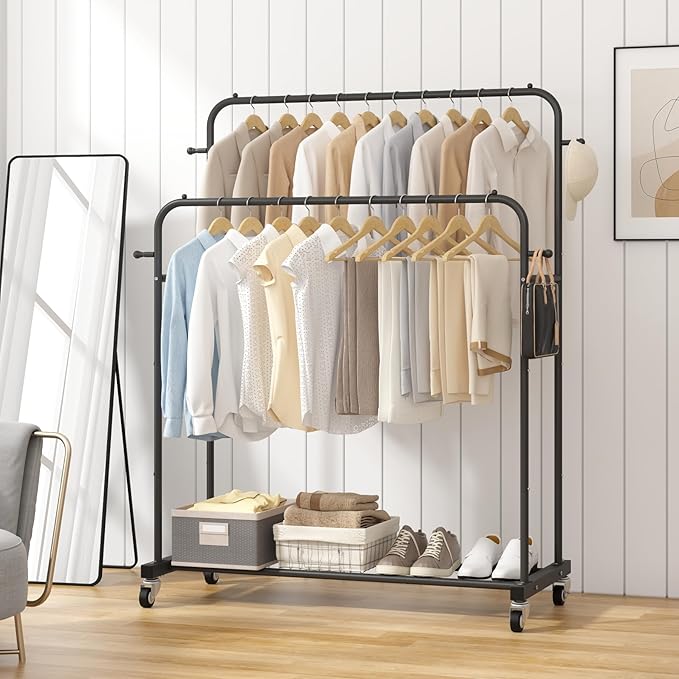 Laiensia Double Rods Garment Rack with Wheels, Clothing Rack for Hanging Clothes,4 Hooks, Multi-functional Bedroom Clothes Ra