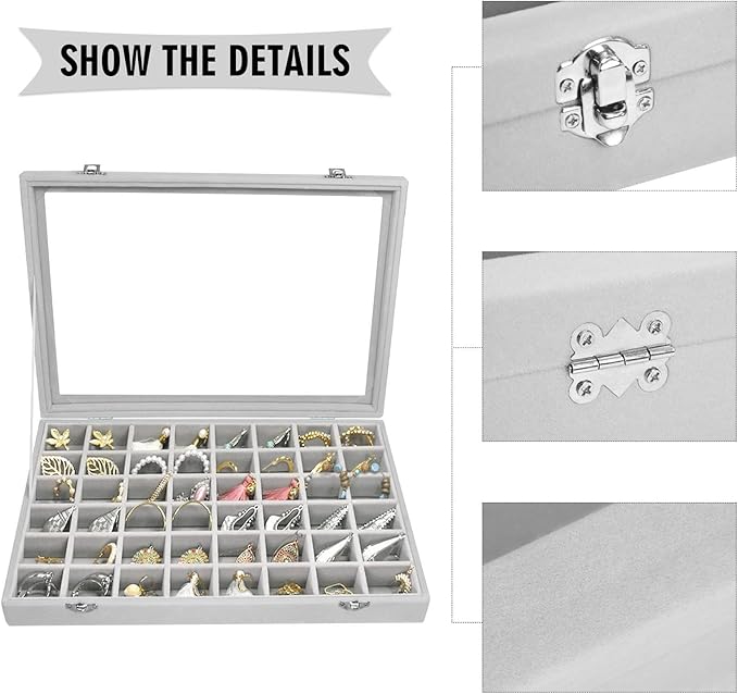 Siveit Velvet Jewelry Tray 48 Grid Jewelry Display Tray Organizer Box with Transparent Lid Rings Earrings Necklaces Pendants 