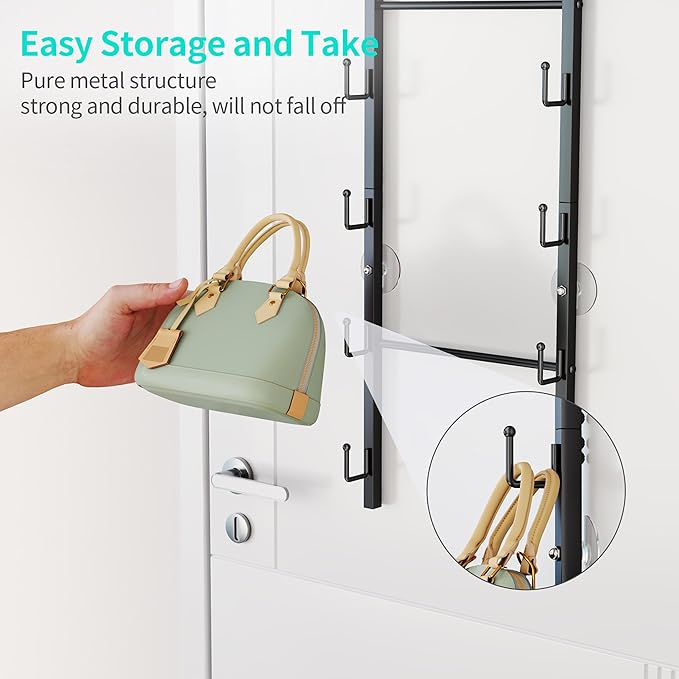 HapiRm Over The Door Purse Organizer - Wall Mounted Purse Rack with 10 Hooks and Metal Basket, Hanging Handbag Organizer Hold