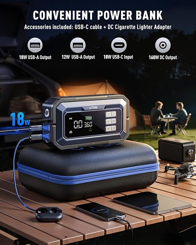 UTRAI Jump Starter with Air Compressor 150PSI, 7000A Peak 12V Jump Box for Car Battery (All Gas/12.0L Diesel), 160W DC
