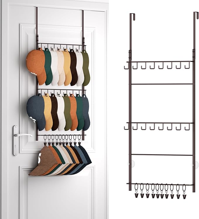 HapiRm Over Door Hat Rack - 3 Tier Wall Mounted Hat Organizer with 16 Hooks and 10 Movable Clips, Cap Hanger Storage up to 26