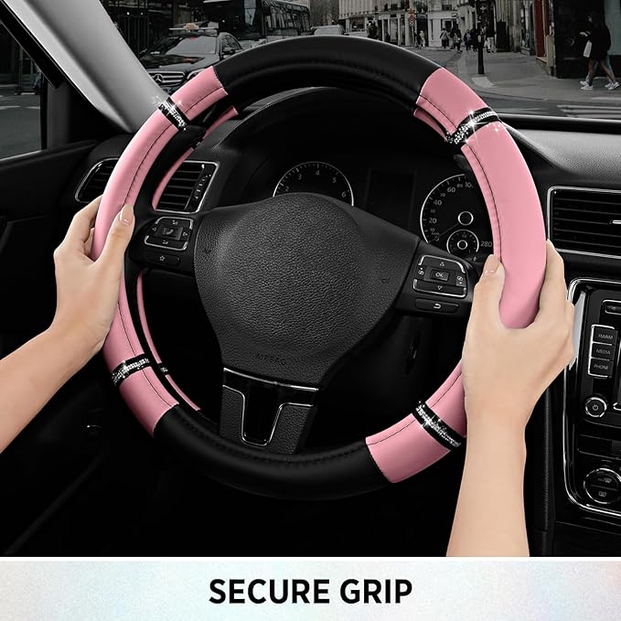 Road Comfort Leather Steering Wheel Cover – Premium Anti-Slip Car Steering Wheel Grip Cover – Universal Fit for 14.5”–15.5” C