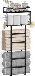 Towel Racks for Bathroom Black, 34IN Rolled Towel Holder, Towel Rack Wall Mounted with 2 Pack Shelf and a Wire Basket, Bathro