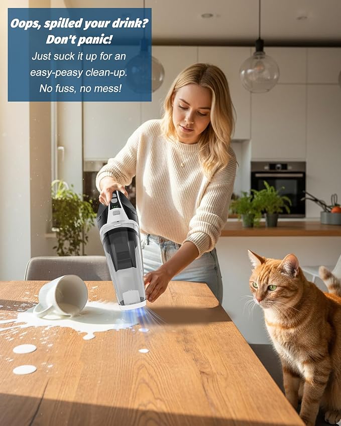 BRL Handheld Vacuum Cordless, Car Vacuum Cleaner with Powerful Suction, 2 Modes Mini Hand Vacuum, Dry & Wet, LED Light, Porta
