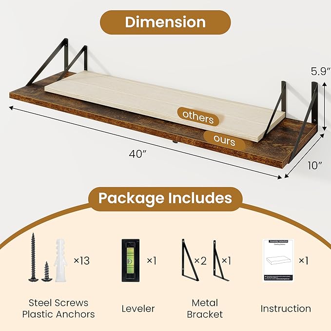 Floating Shelves for Wall,40" Wall Mounted Shelves Set of 2,Long Wood Floating Shelves,Hanging Wide Display & Storage Shelf w