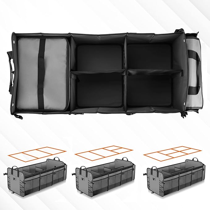 Large Trunk Organizer with Removable Cooler Bag-Collapsible Durable Multi Compartments w/ Foldable Cover, Non Slip Bottom Car