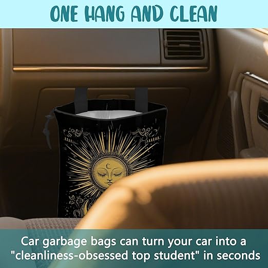 Car Garbage Bag Golden Sun Boho Crescent Moon Stars Hanging Canvas Car Trash Bag Drawstring Car Back Seat Organizer for Car Back Front Seat Console with Adjustable Buckle
