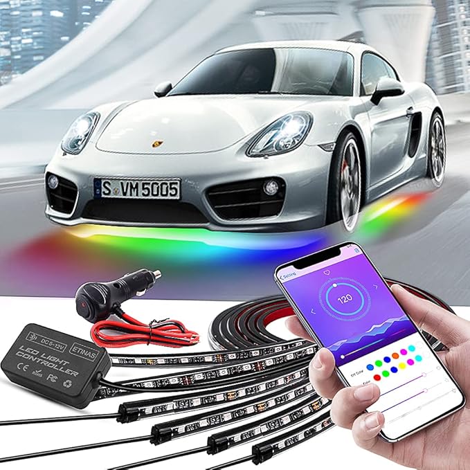 Car Underglow Lights, Bluetooth Dream Color Chasing StripLights Kit, 6 PCS Waterproof Exterior Car Lights with APP Control, 12V 300 LEDs Underbody Lights for All Cars