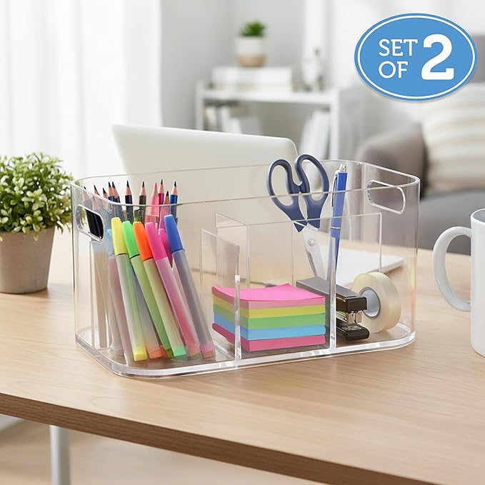 STORi Bliss 5-Compartment Plastic Cosmetics Storage Organizer, Set of 2 | Clear | Rectangular Divided Makeup Bin & Vanity Cad