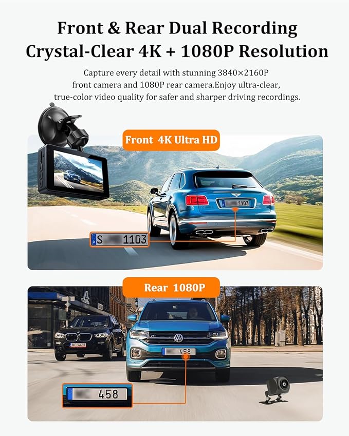 Dash Cam Front and Rear, Dash Camera for Cars 4K+1080, Dashcam Built-in WiFi, APP Control, 32GB Card Included, 3" IPS Touch S