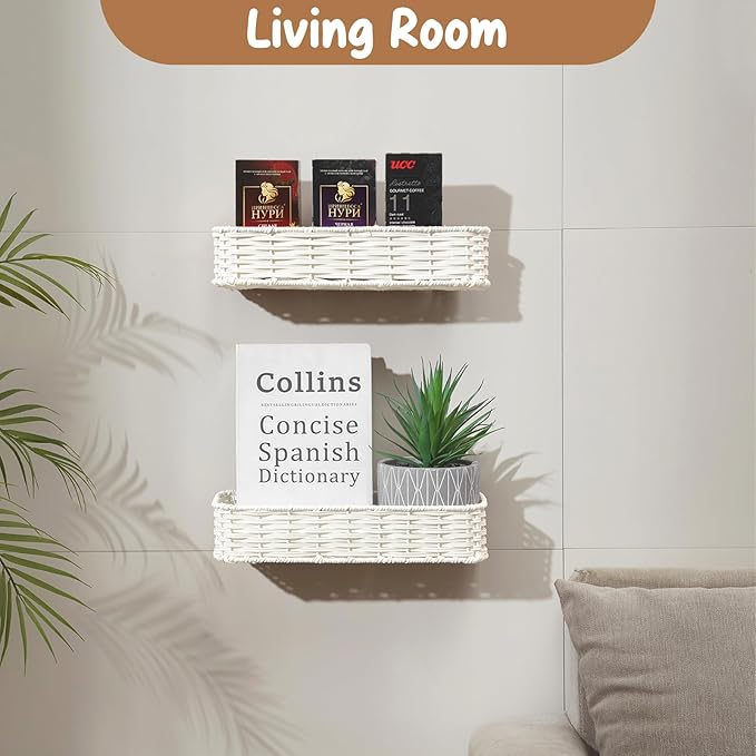 Hanging Wall Basket, Adhesive Wall-Mounted Organizer for Storage, Plastic Wicker Woven Storage Shelves for Kitchen, Bedroom, 