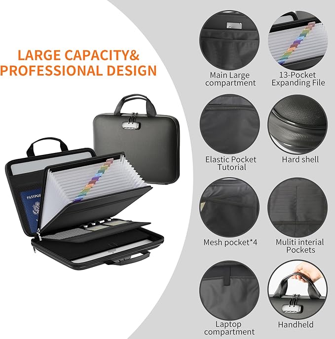 Fireproof Document File Organizer Bag, Black 5200°F Portable File Organizer Handbag With Lock,Hard Case Fireproof Waterproof 