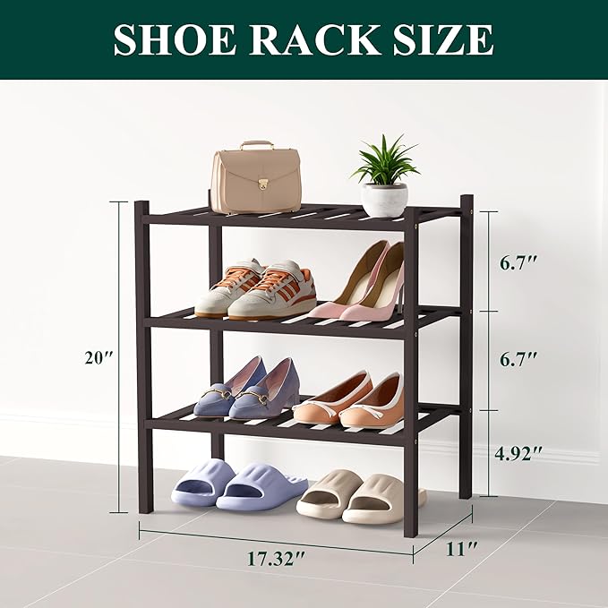Smiry Bamboo Shoe Rack for Closet, 3 Tier Small Wooden Stackable Shoe Organizer, Free Standing Shoes Storage Shelf for Entryw