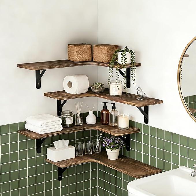 Corner Floating Shelves Wall Mounted Set of 4, Rustic Wood Corner Shelves for Bedroom Living Room Bathroom Kitchen Storage an