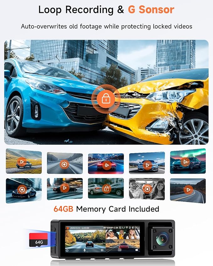 4K 3 Channel Dash Cam Front and Rear,4K+2.5K+1080P Dash Camera for Cars Inside,3.2" Screen Dash Camera for Cars, WiFi APP Con