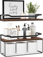 WOPITUES Floating Shelves with Wire Storage Basket, Bathroom Shelves Over Toilet with Protective Metal Guardrail, Wood Wall S