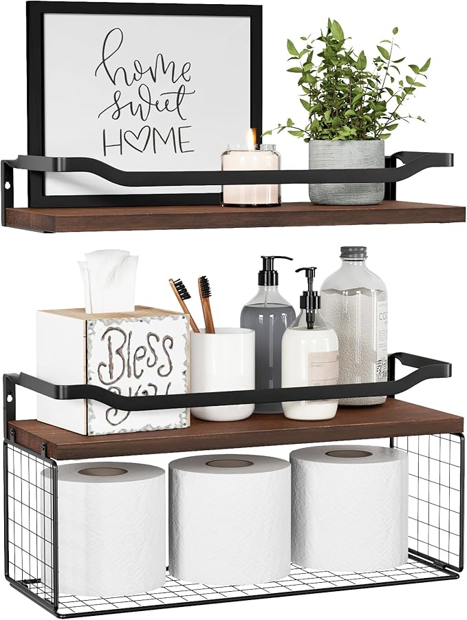 WOPITUES Floating Shelves with Wire Storage Basket, Bathroom Shelves Over Toilet with Protective Metal Guardrail, Wood Wall S