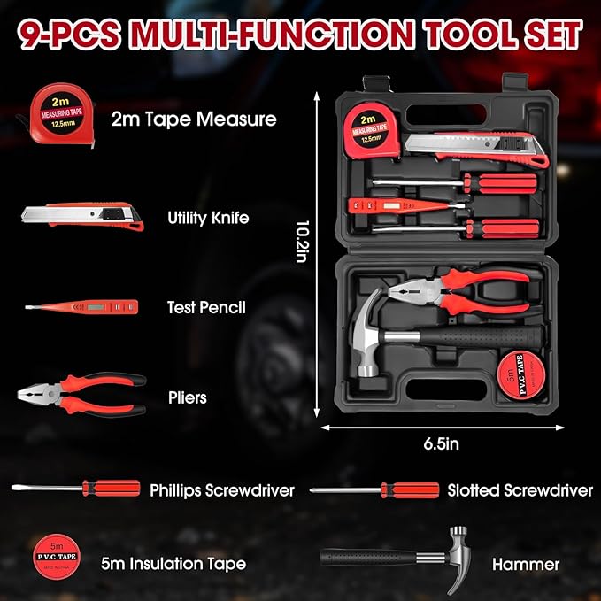 Roadside Car Emergency Kit, Winter Car Safety Kit with 10FT Jumper Cables, Tow Strap, Tool Kit, Reflective Warning Triangle, 