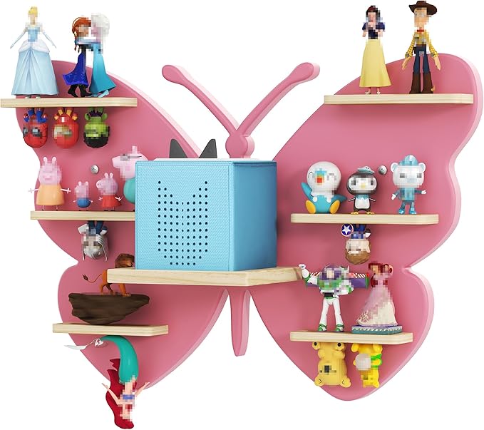 Pink Butterfly Tonie Shelf Wall Mounted - Tonies Wall Shelf for Toniebox, Charging Station, Magnetic Wood Display Floating Sh