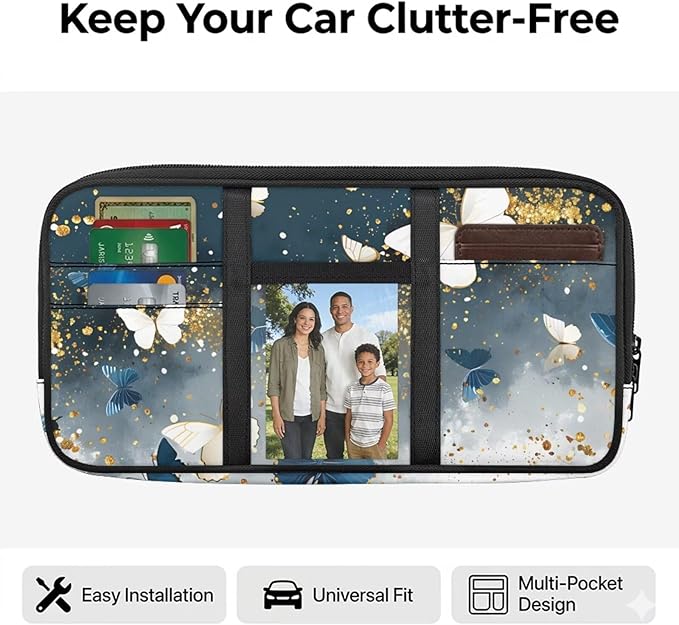 Beautiful Butterfly Car Sun Visor Organizer Pouch Case Bag Auto Interior Accessories for SUV Card Cash Pouch with Multi-Pocket for License Pen Key