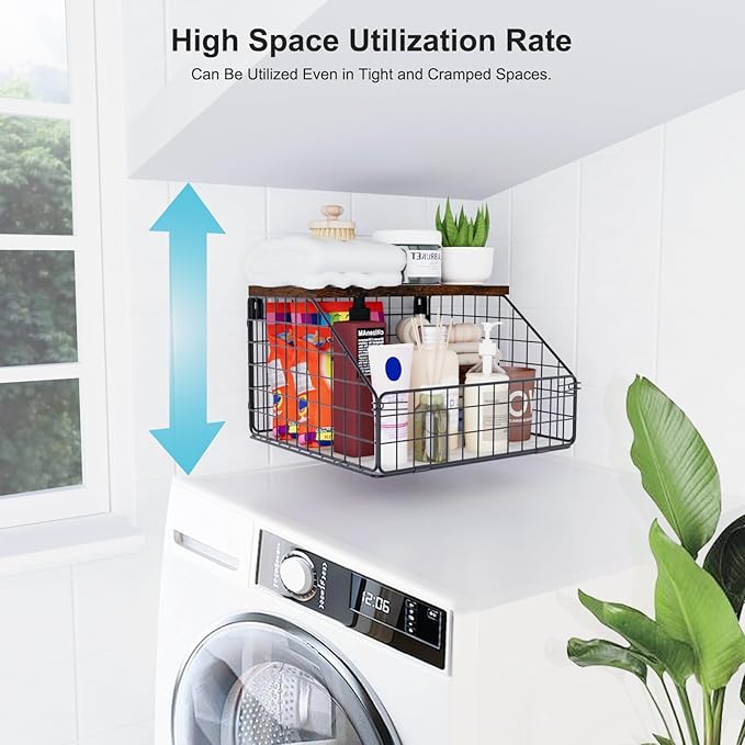 MSJGA Laundry Room Shelves Wall Mounted with Storage Basket - Farmhouse Stackable Wire Wall Shelves Organizer for Towels, Det