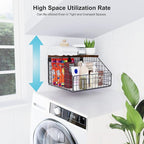 MSJGA Laundry Room Shelves Wall Mounted with Storage Basket - Farmhouse Stackable Wire Wall Shelves Organizer for Towels, Det