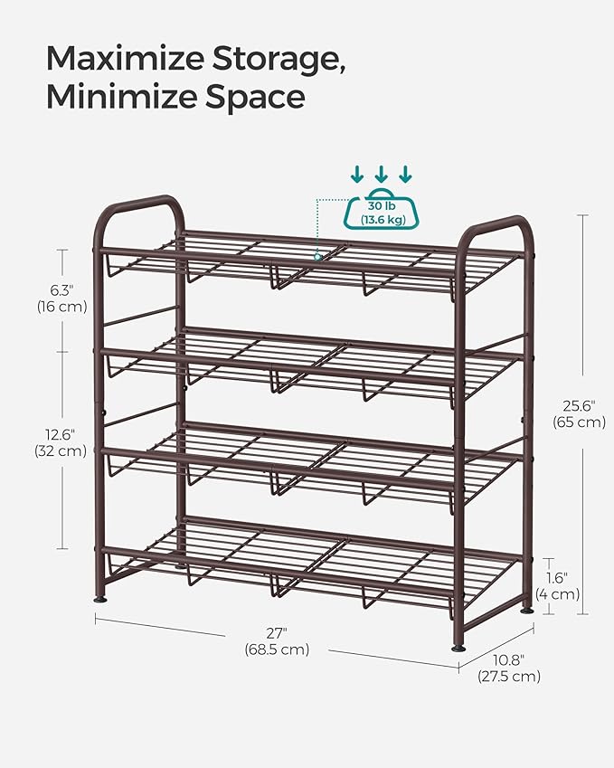 SONGMICS Stackable Shoe Rack, 4 Tier Metal Shoes Rack Storage Shelf, Holds up to 16 Pairs Shoes, Adjustable Slanted Shelves T