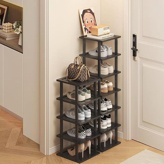 Vertical Shoe Rack - Tall Narrow Shoe Rack Organizer for Small Spaces,12 Tier Bamboo Shoen Shelf for Entryway,Closet,Corner,D