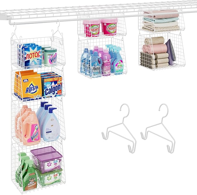 4-Tier Hanging Laundry Room Organizer: Foldable Wire Shelf Basket with 2 Large Hooks 1.65" & 360°Rotating Hooks – Space-Savin