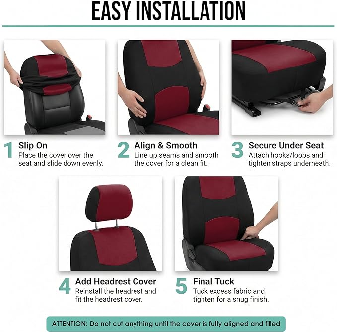 FH Group Bright Flat Cloth Full Set Car Seat Covers, Burgundy/Black- Fit Most Car, Truck, SUV, or Van