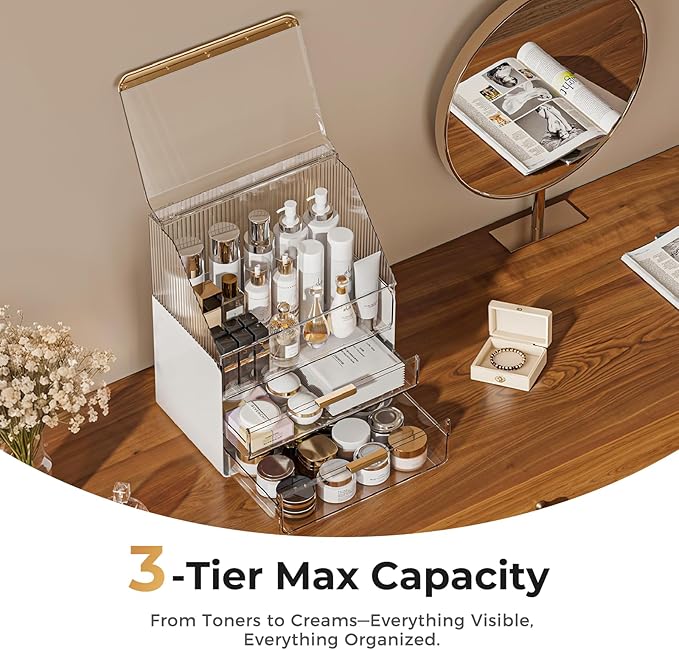 Makeup Organizer Countertop with Drawers & Lid, Skincare Organizer for Vanity, Large Cosmetic Organizer & Display Cases and S
