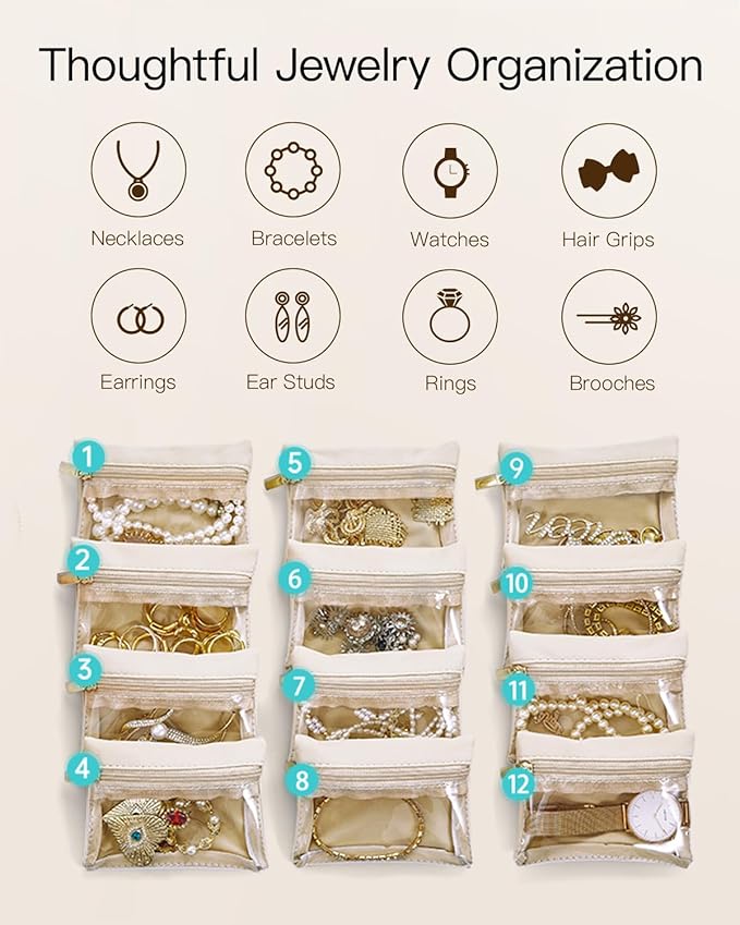 VLANDO Jewelry Box with 12 Velvet Jewelry Bags Travel Jewelry Case for Girls Jewelry Organizers Necklace Rings Earrings Stora