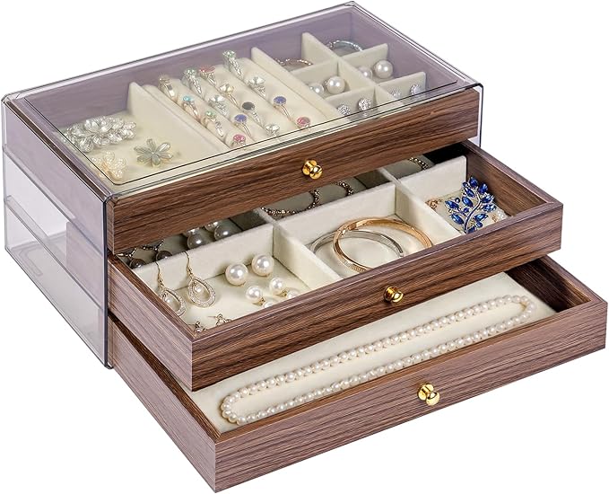 Wooden Jewelry Box for Women, 3-Layer Jewelry Organizers and Storage with 3 Drawers & Velvet Trays, Large Earring Holder, Nec
